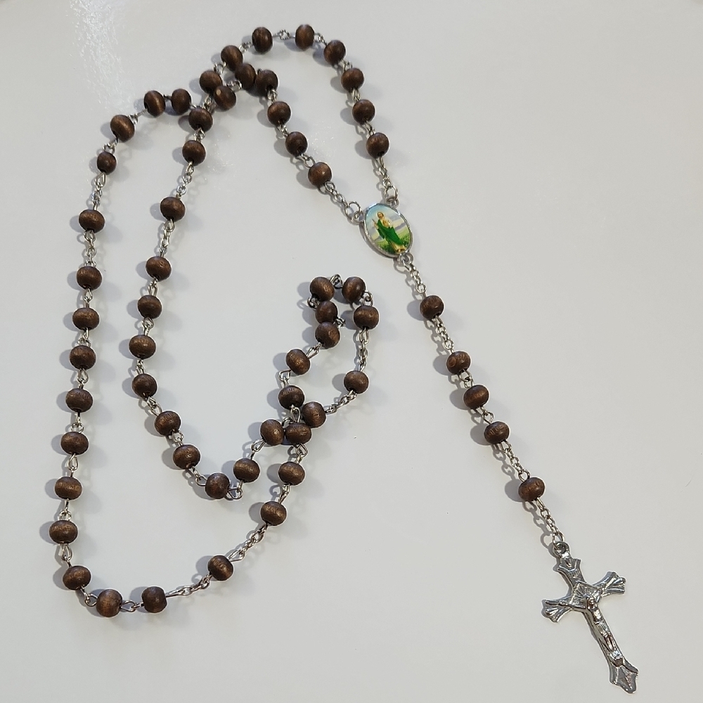 Classic Brown and Silver Rosary Beaded Necklace